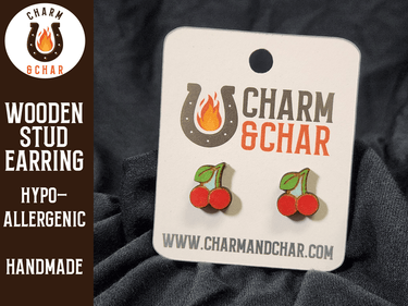 Cherries Wood Stud Earrings - Fruit Fashion Earring - Stud Earring - Charm and Char
